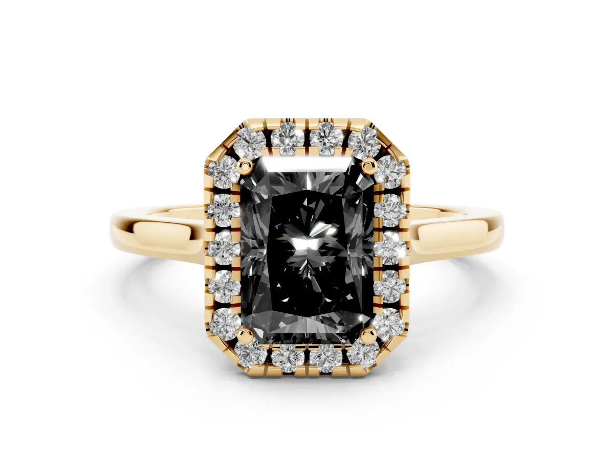 Fancy Black Radiant Cut Halo Round Diamond Solitaire Ring with Pavé Band and Four-Prong Setting Yellow gold