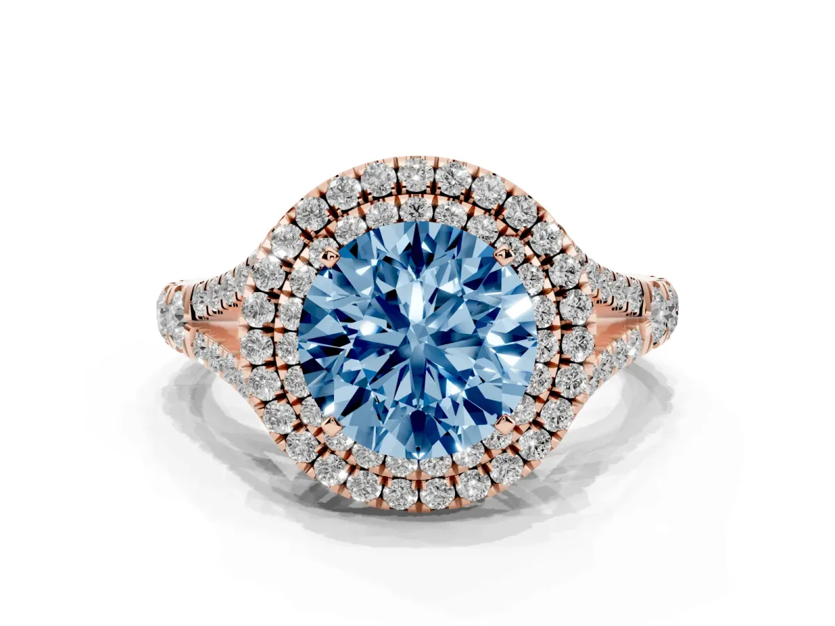 Fancy Blue Round Cut Cut Double Halo Split Shank Diamond Ring with Prong Setting Rose gold