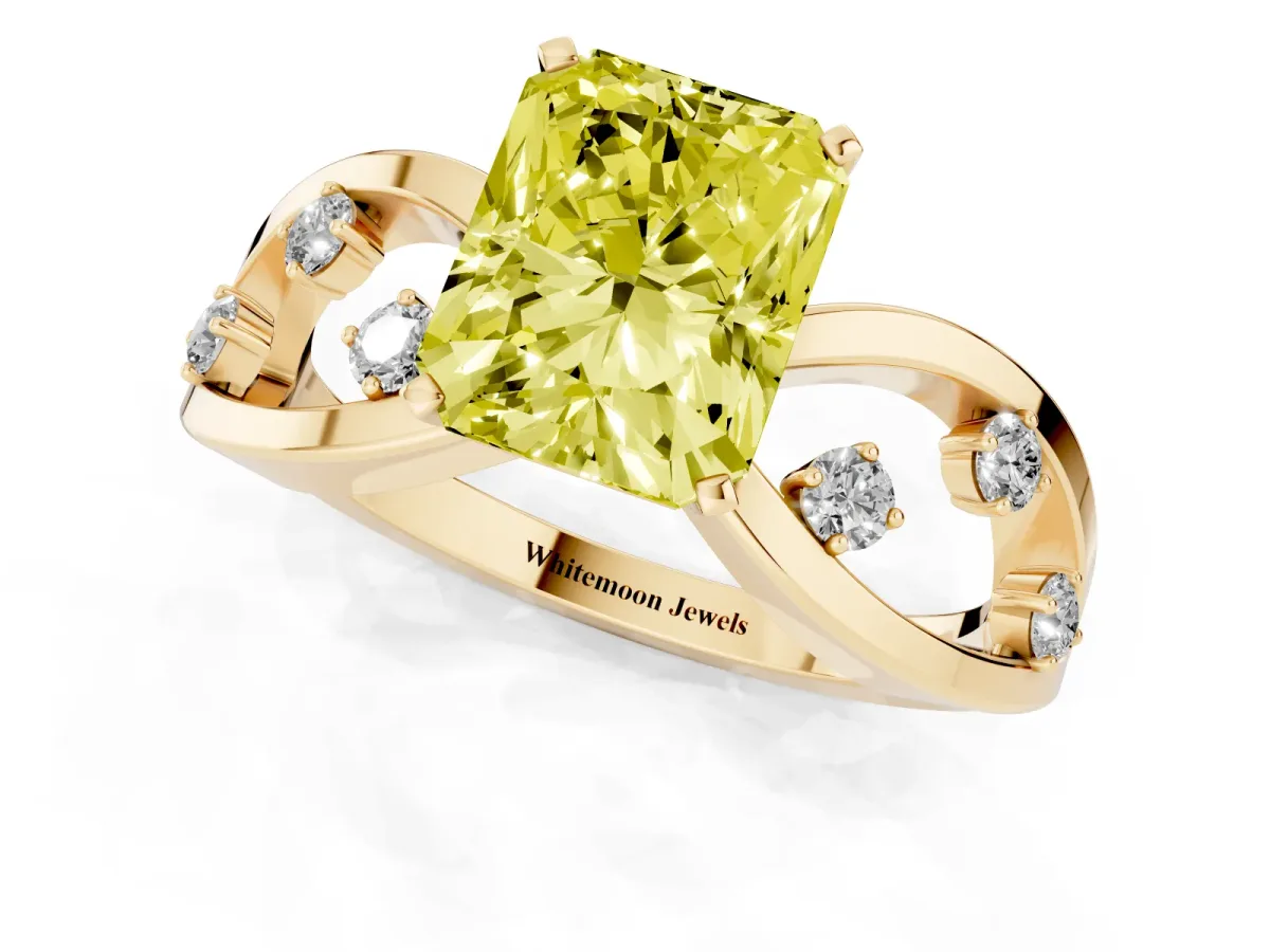 Fancy Yellow Radiant Cut Cut Solitaire Diamond with Side Stones on Criss-Cross Band and Four-Prong Setting Yellow gold