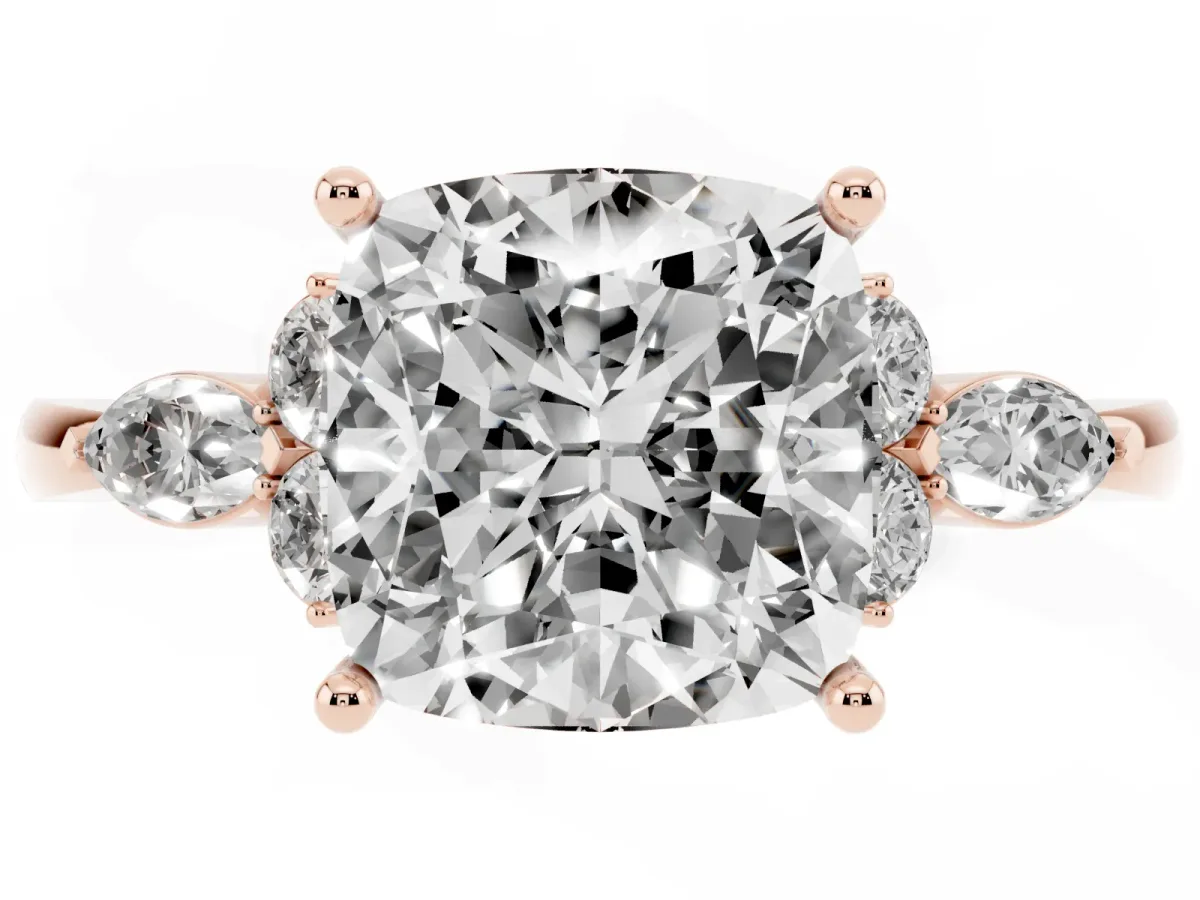Cushion Cut Brilliant Diamond Solitaire Ring with Pear Side Stones and Four-Prong Setting Rose gold