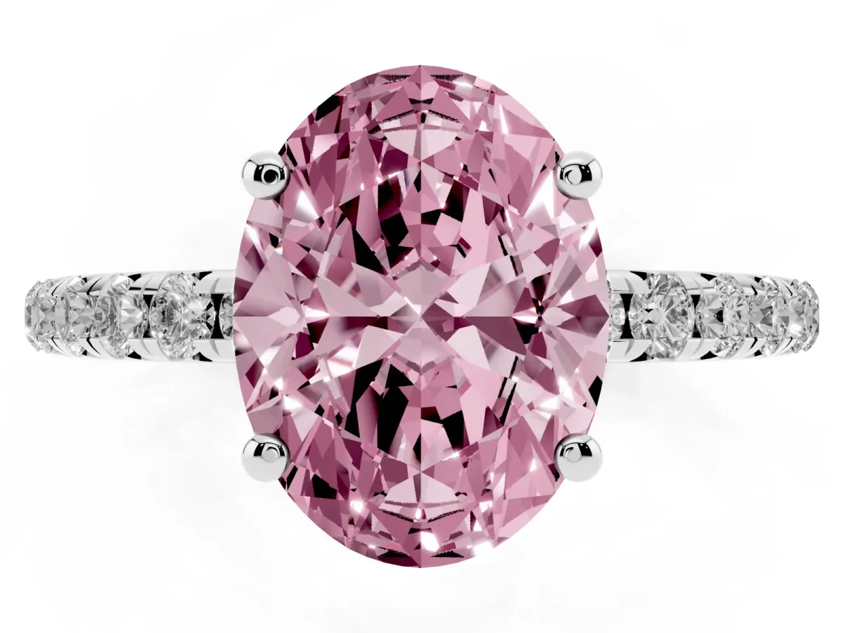 Fancy Pink Oval Cut Cut Diamond Solitaire Ring with Micro Pave Band and Four Prong Setting Silver