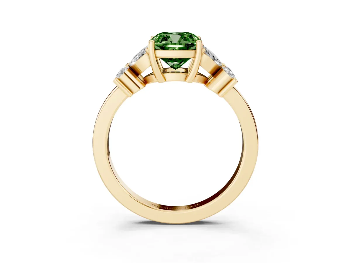 Fancy Green Cushion Cut Diamond Floral Cluster Ring with Solitaire Band and Prong Setting Yellow gold