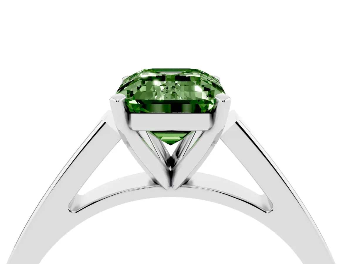 Fancy Green Emerald Cut Solitaire Engagement Ring with Four-Prong Setting and Tapered Band Silver