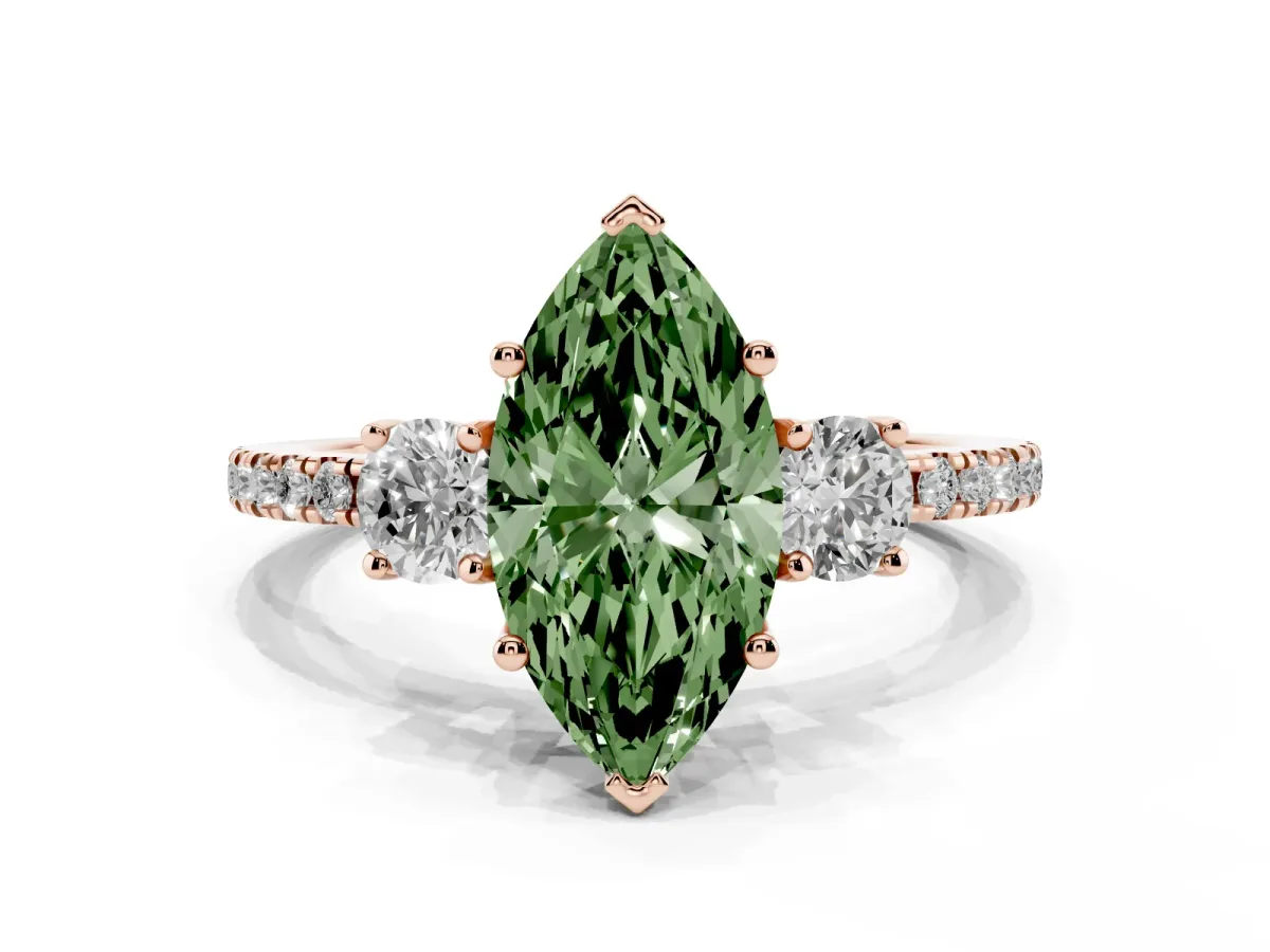 Fancy Green Three-Stone Marquise Cut Cut Diamond Pavé Band with Prong Setting Rose gold