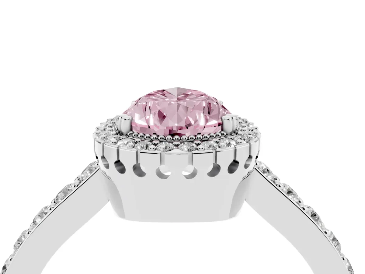 Fancy Pink Pear Cut Cut Diamond Halo Engagement Ring with Milgrain Detail and Pavé Band Silver