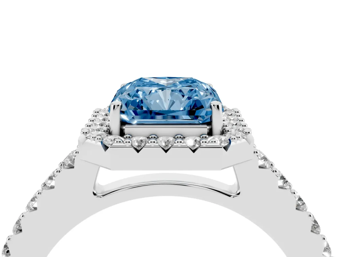 Fancy Blue Radiant Cut Halo Diamond Pavé Solitaire Ring Silver