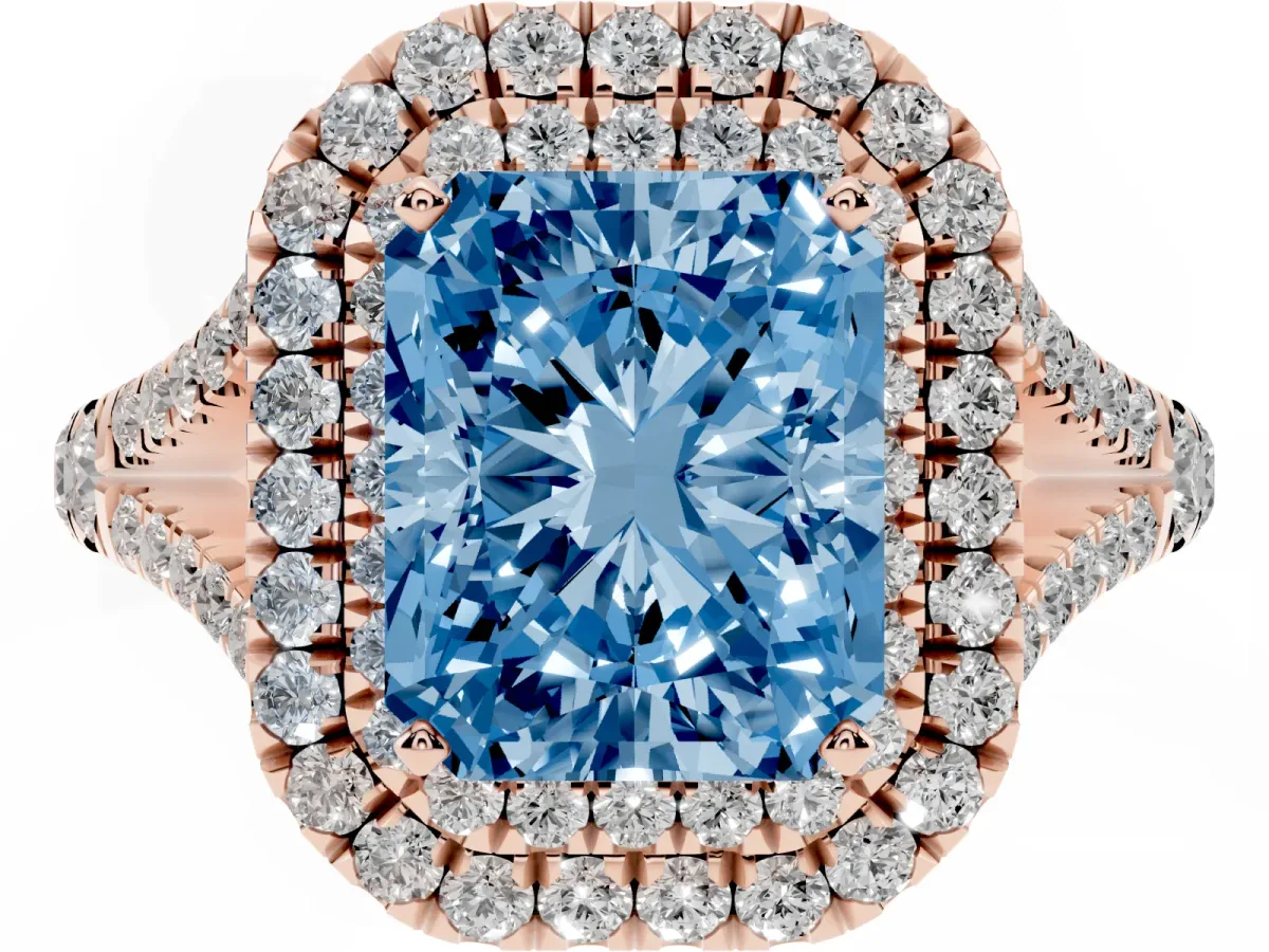Fancy Blue Double Halo Radiant Cut Diamond Split Shank Engagement Ring with Four-Prong Setting Rose gold