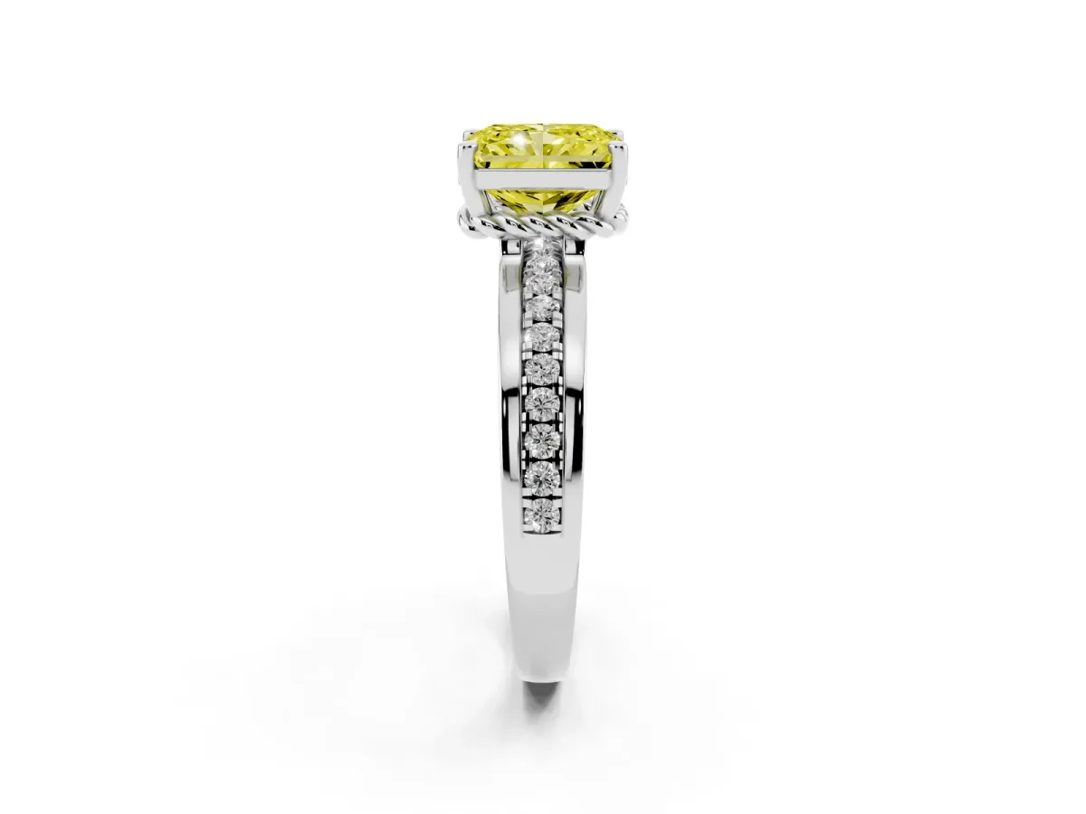 Fancy Yellow Radiant Cut Solitaire Diamond Ring with Channel Set Band and Six-Prong Setting White gold