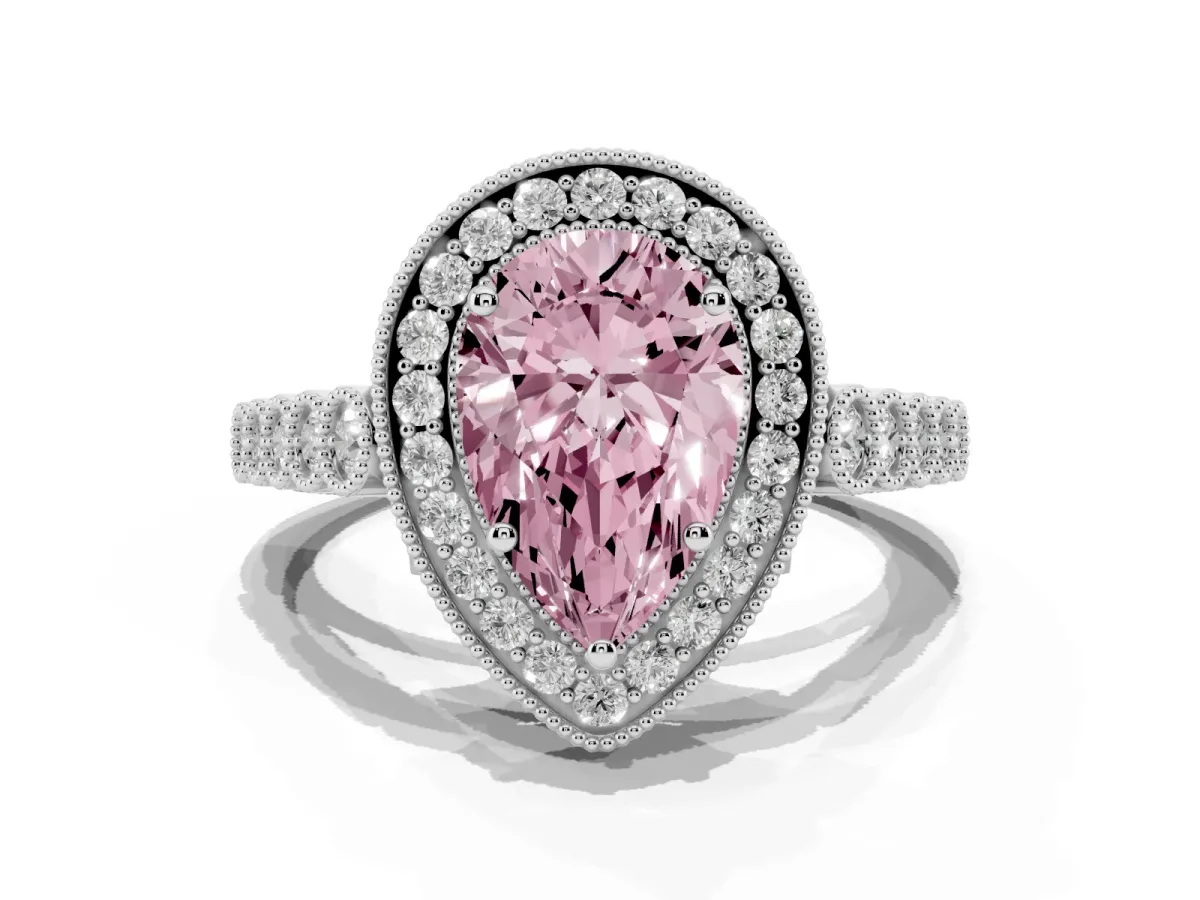 Fancy Pink Pear Cut Halo Twist Band Solitaire Ring with Six-Prong Setting Silver
