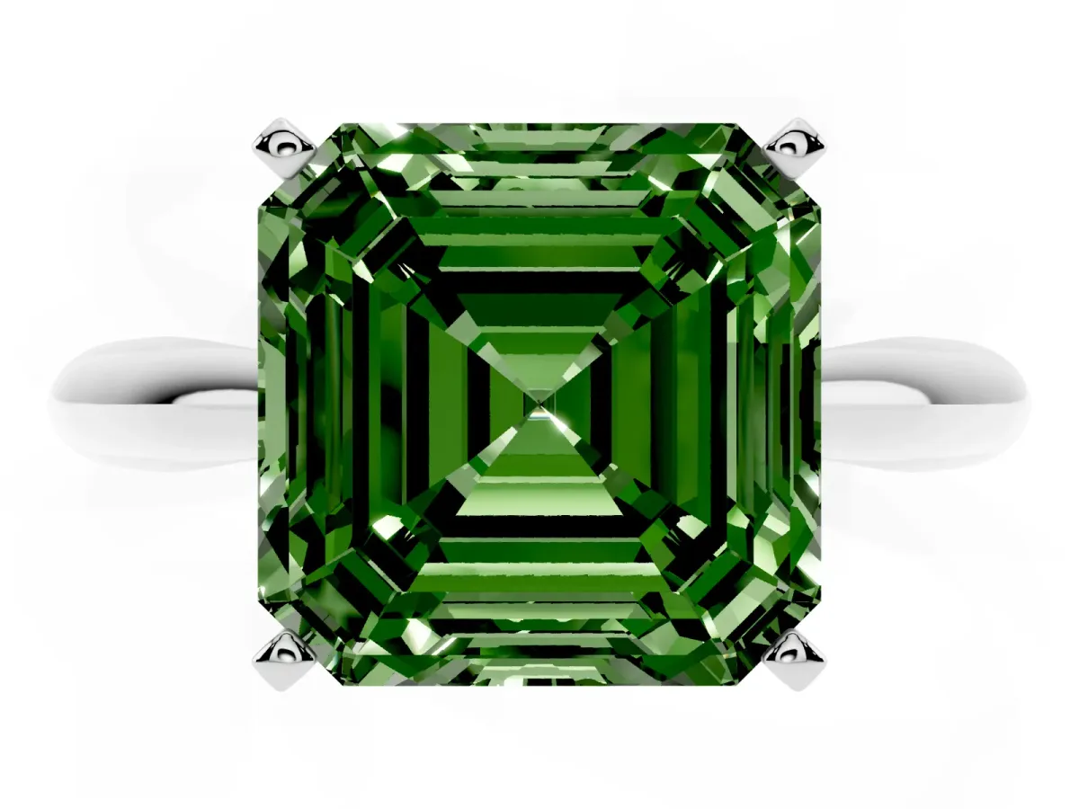 Fancy Green Asscher Cut Diamond Solitaire Engagement Ring with Cathedral Setting and Four-Prong Mount Silver