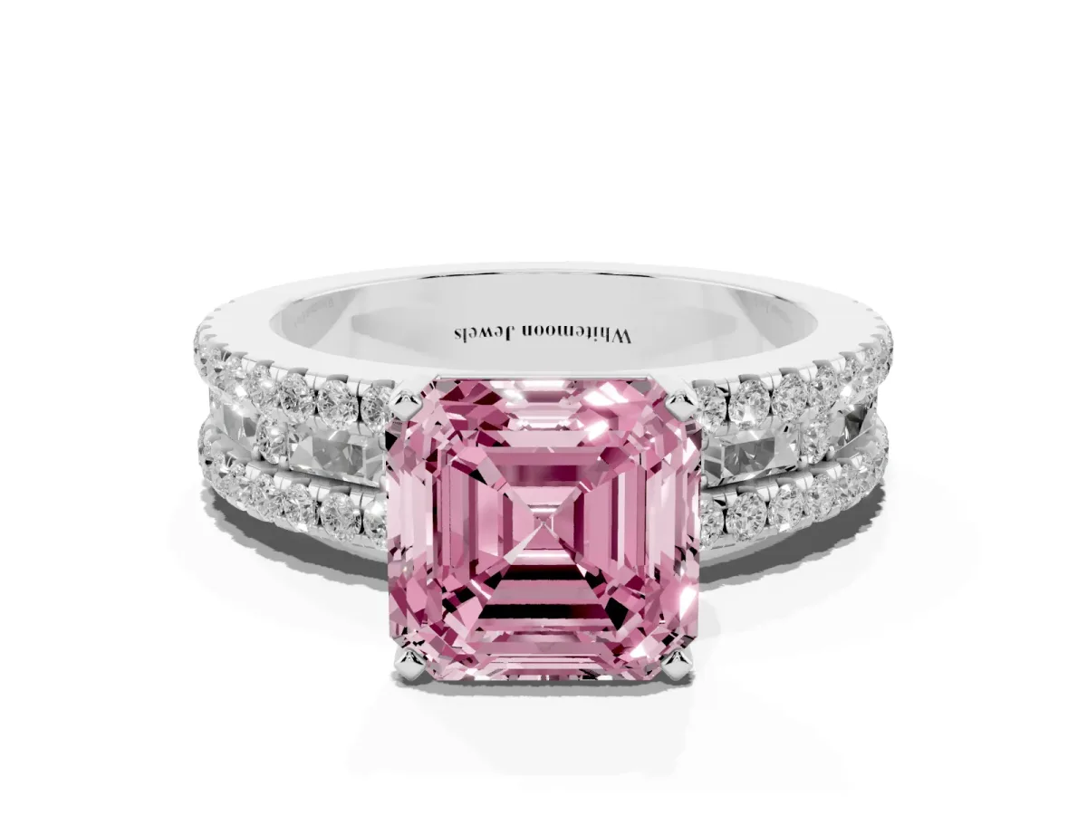 Fancy Pink Asscher Cut Diamond Solitaire Ring with Pavé and Channel Set Band Silver