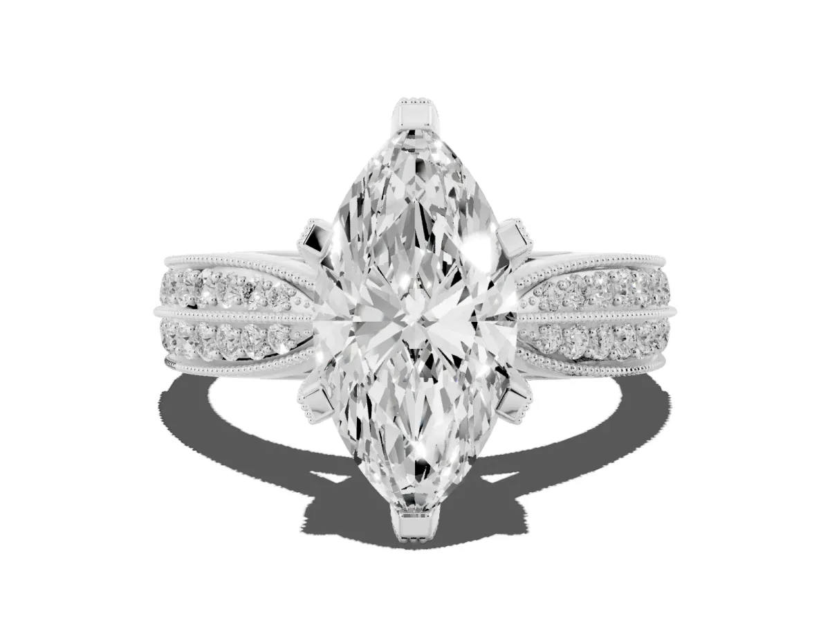Marquise Cut Diamond Solitaire Ring with Milgrain Round Pavé Band and Prong Setting Silver