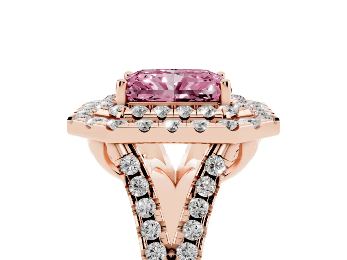 Fancy Pink Double Halo Radiant Cut Diamond Pavé Split Shank Ring with Prong Setting Rose gold