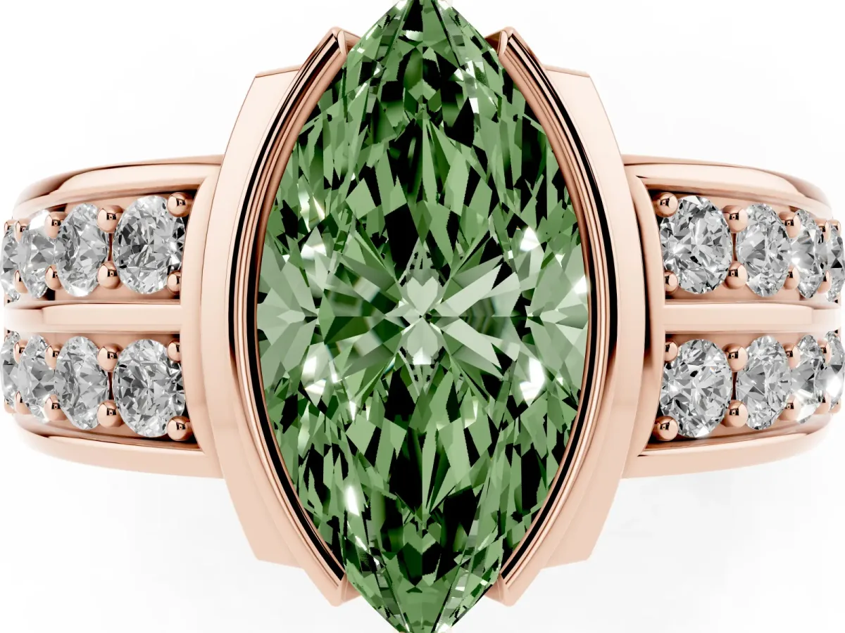 Fancy Green Marquise Cut Brilliant Diamond Channel Set Wide Band Ring with Bezel Setting Rose gold