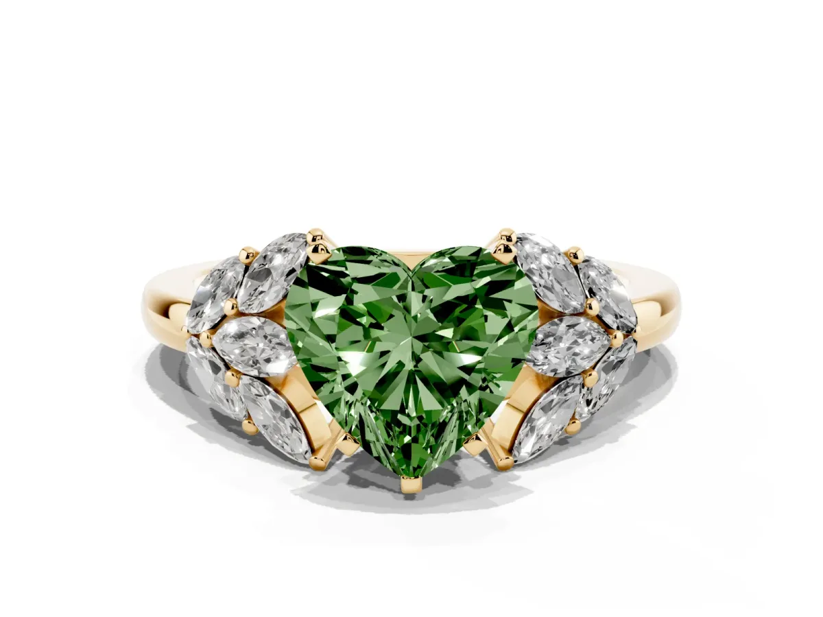Fancy Green Heart Cut Diamond Cluster Leaf Design Ring with Prong Setting Yellow gold