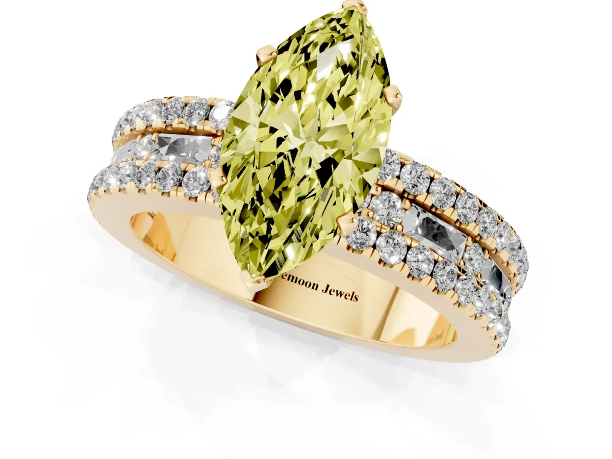 Fancy Yellow Marquise Cut Diamond Solitaire Ring with Pavé and Channel Set Band Yellow gold