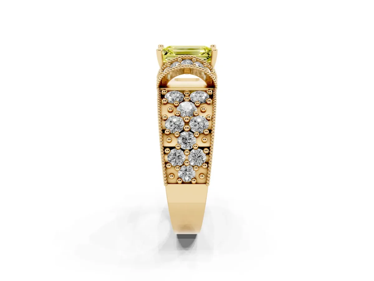 Fancy Yellow Emerald Cut Halo Pave Diamond Engagement Ring with Milgrain Detailing Yellow gold