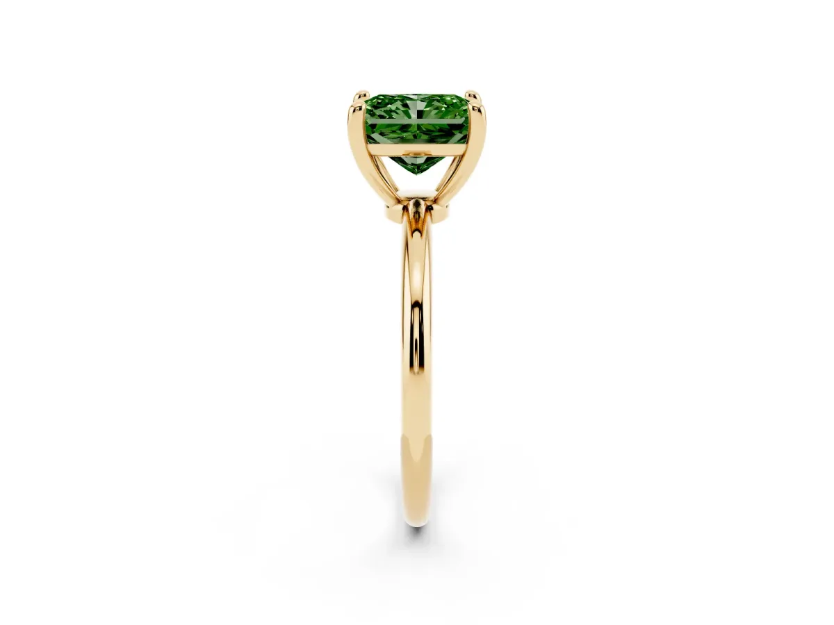 Fancy Green Radiant Cut Solitaire Diamond Ring with 4-Prong Setting on a Classic Band Yellow gold