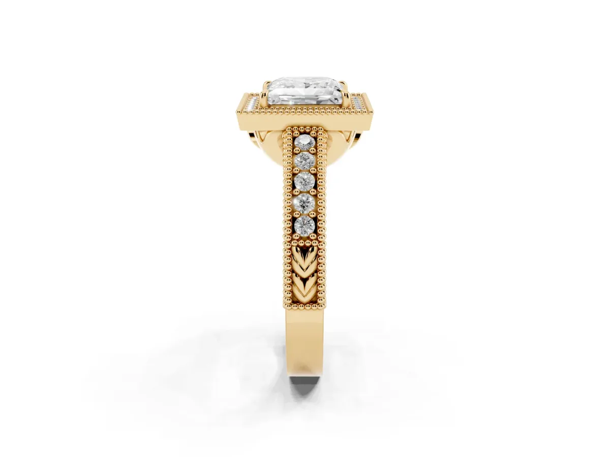 Princess Cut Cut Halo Diamond Ring with Pavé Band and Four-Prong Setting Yellow gold
