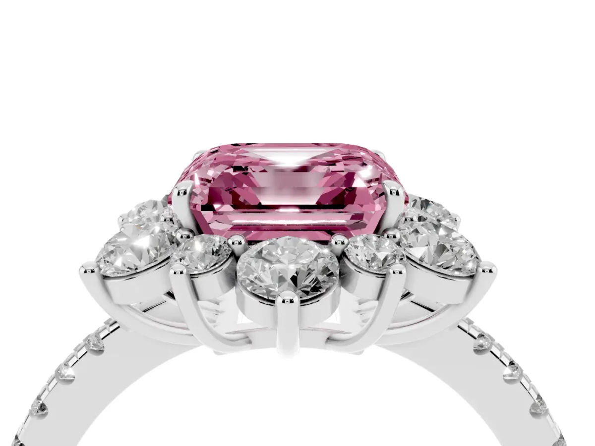 Fancy Pink Asscher Cut Diamond Floral Halo Ring with Round Pavé Band and Prong Setting White gold
