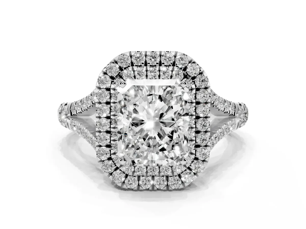 Radiant Cut Diamond Double Halo Ring with Split Shank and Prong Setting Platinum