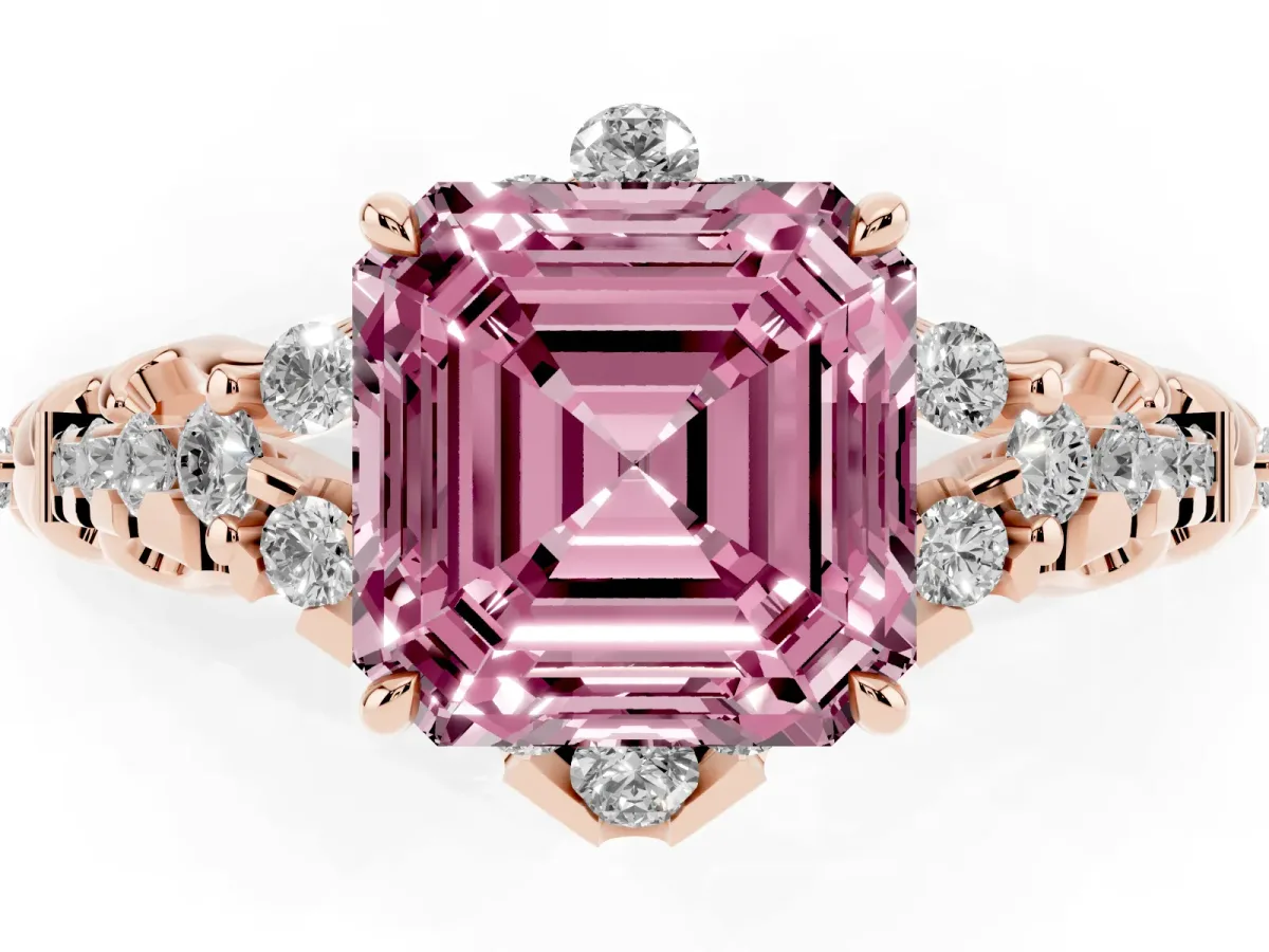 Fancy Pink Asscher Cut Diamond Solitaire Ring with Hidden Halo and Pavé Band Rose gold