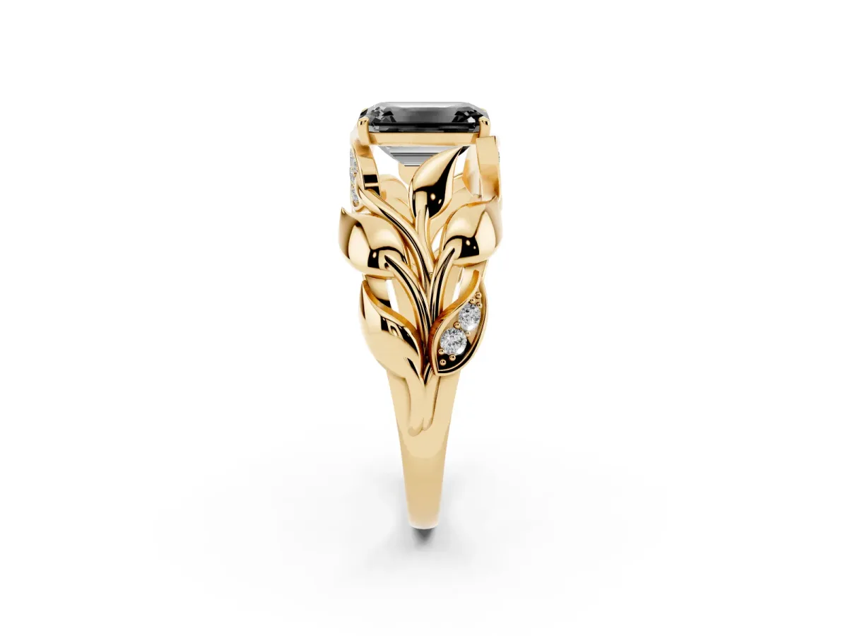Fancy Black Emerald Cut Diamond Leaf-Inspired Engagement Ring with Round Accents and Prong Setting Yellow gold