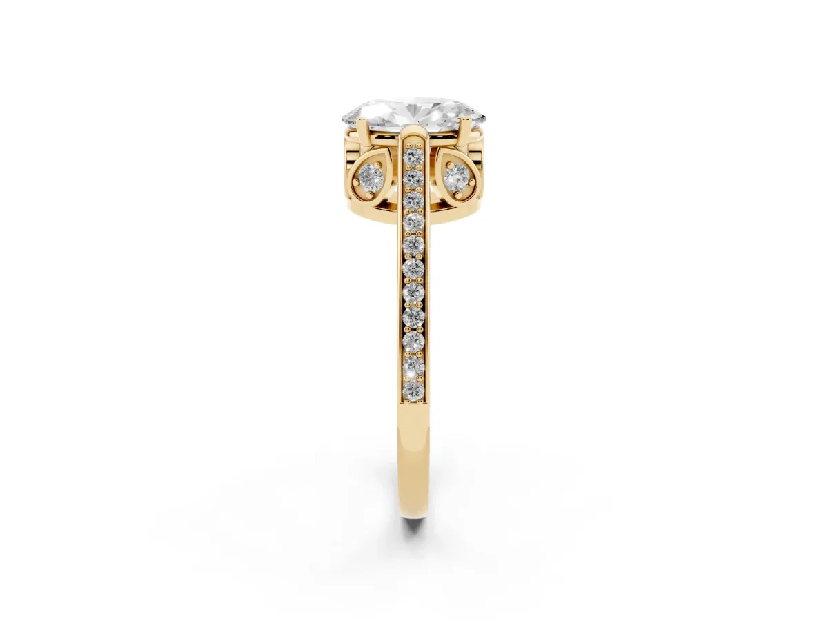 Oval Cut Cut Cathedral Pave Diamond Engagement Ring with Six-Prong Setting Yellow gold