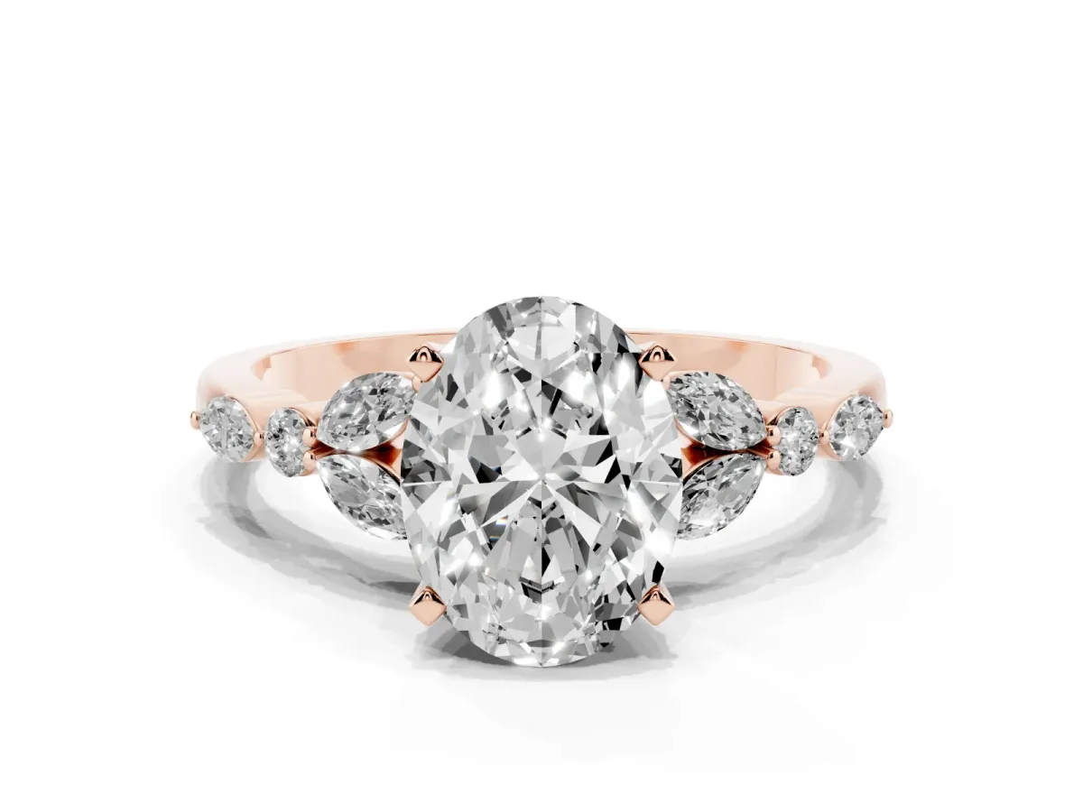 Oval Cut Diamond Solitaire Ring with Side Stones and Four-Prong Setting Rose gold