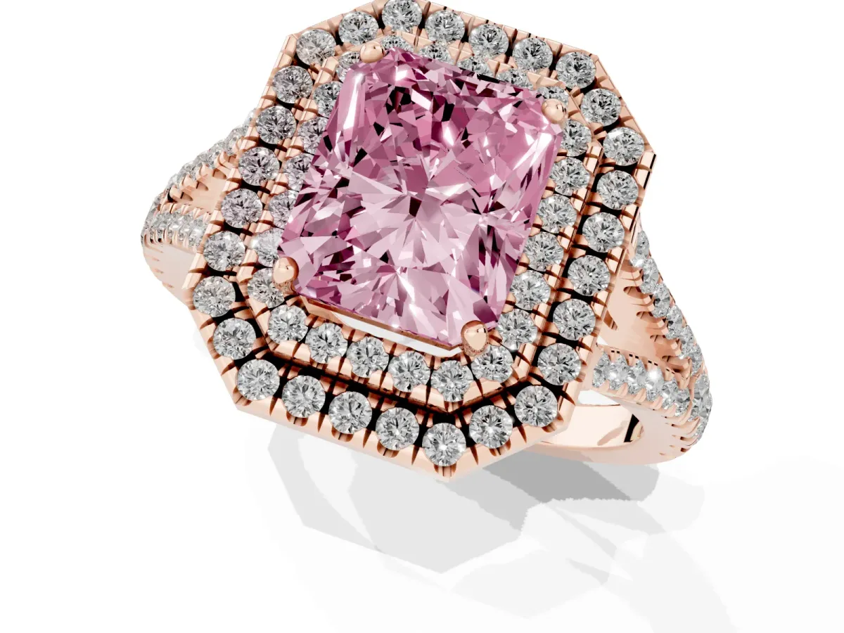 Fancy Pink Radiant Cut Diamond Double Halo Ring with Pavé Band and Prong Setting Rose gold