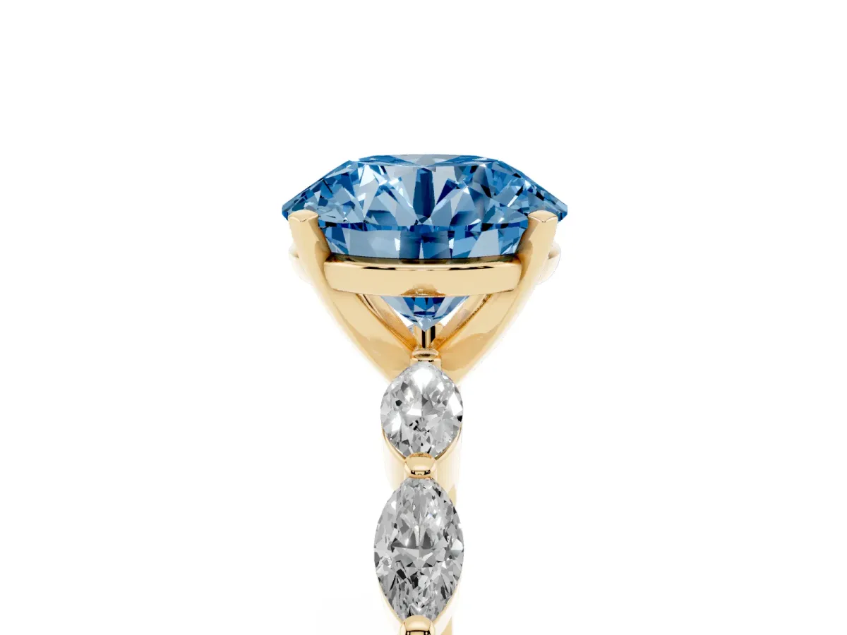 Fancy Blue Round Cut Diamond Ring with Marquise Side Stones and Prong Setting Yellow gold