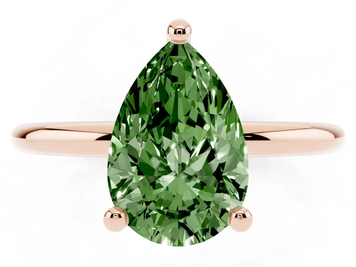 Fancy Green Pear Cut Solitaire Diamond Ring with 4-Prong Setting on a Classic Band Rose gold