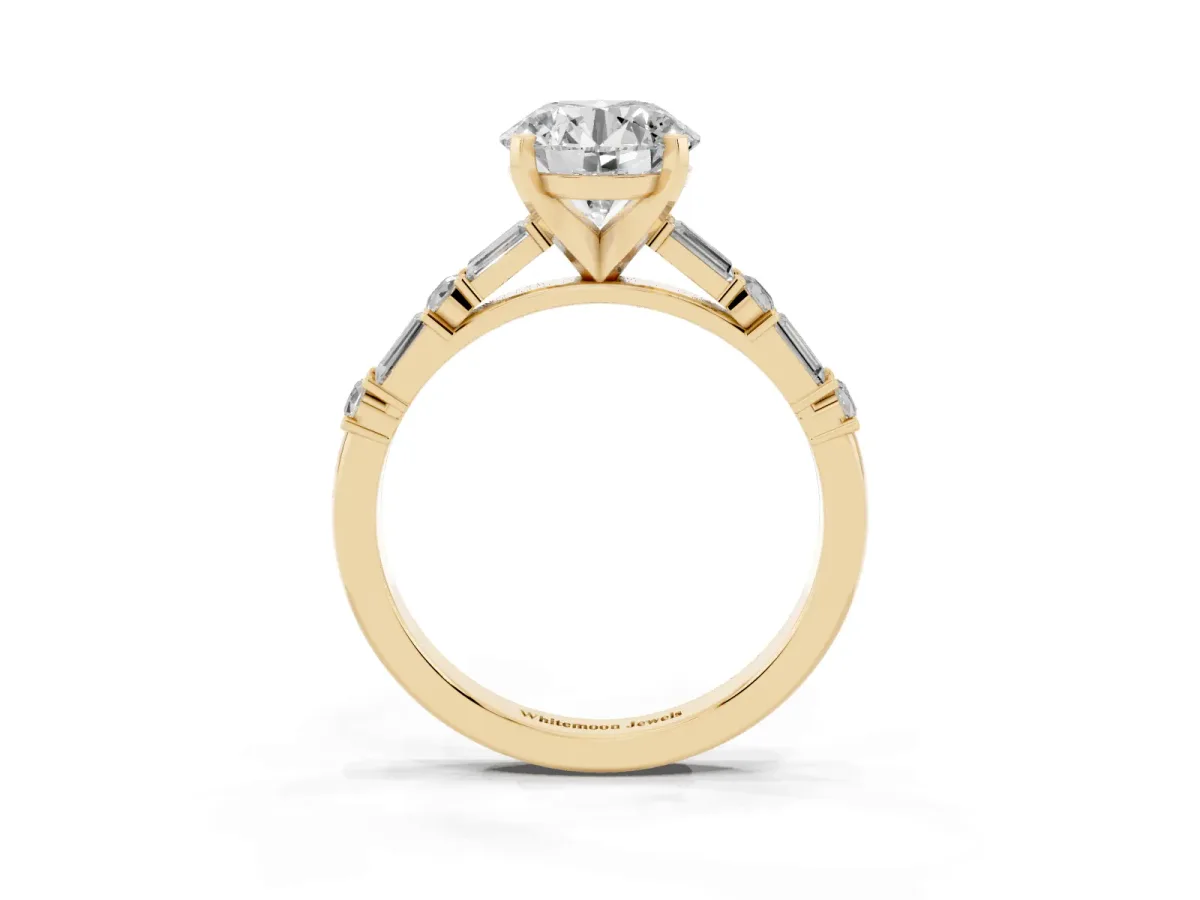 Round Cut Diamond Solitaire with Side Baguettes and Channel Set Band Yellow gold