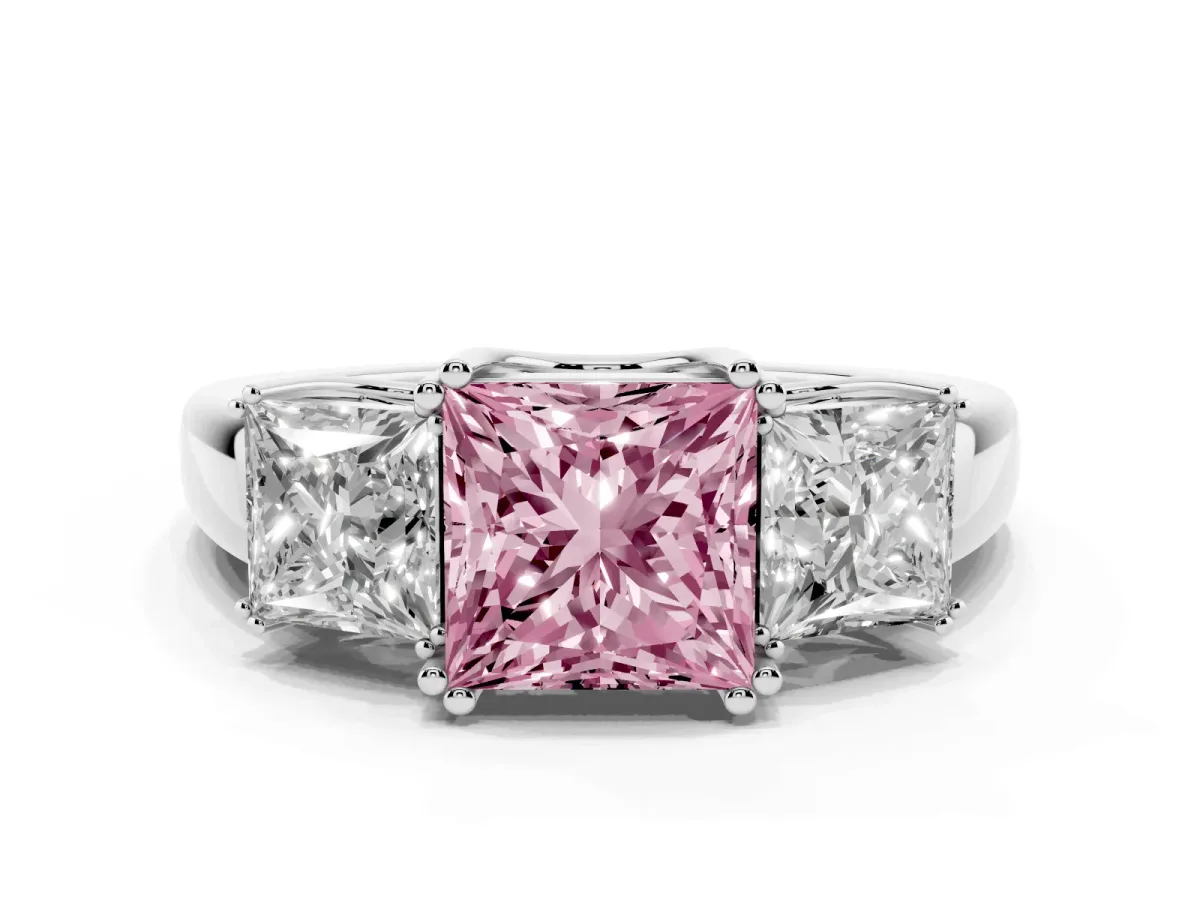 Fancy Pink Three-Stone Princess Cut Cut Diamond Ring with Channel Set Band and Four-Prong Setting Silver