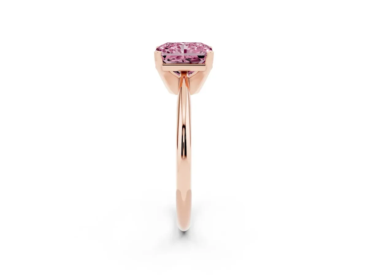 Fancy Pink Radiant Cut Cut Solitaire Ring with Four-Prong Setting on a Classic Band Rose gold