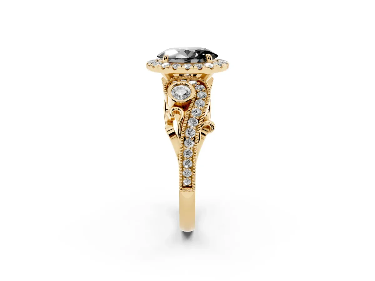 Fancy Black Oval Cut Halo Diamond Ring with Milgrain and Bezel Accents on a Split Shank Band Yellow gold