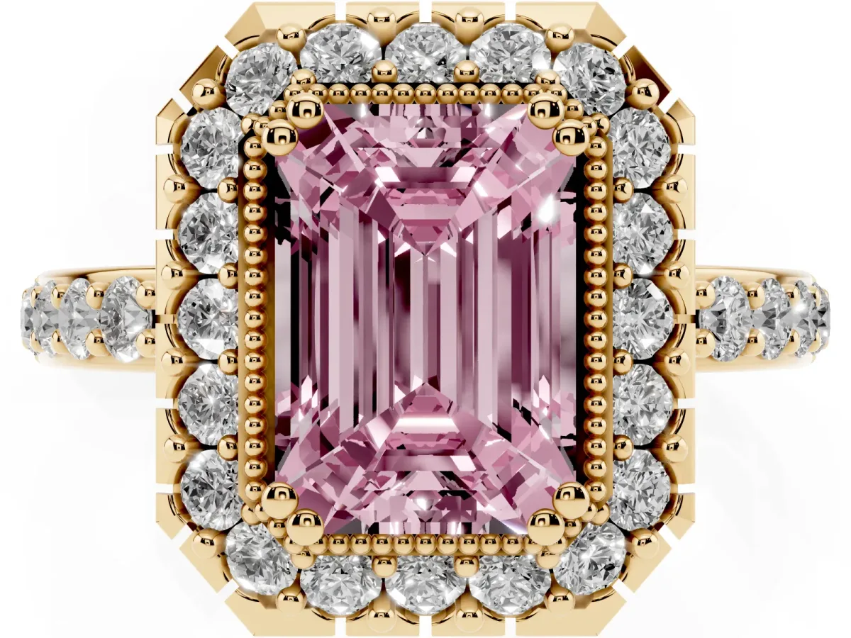 Fancy Pink Emerald Cut Diamond Halo Ring with Pavé Band and Prong Setting Yellow gold