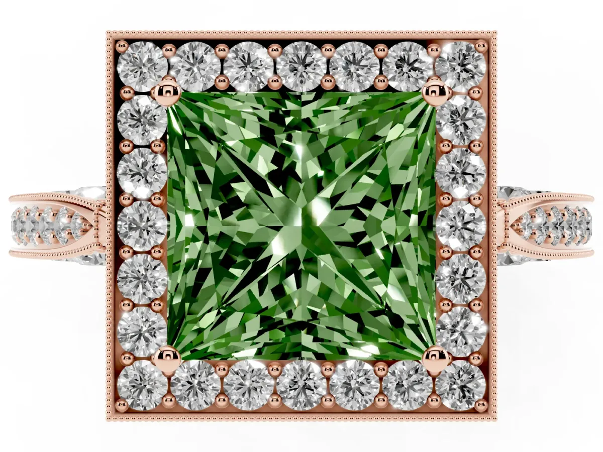 Fancy Green Princess Cut Halo Diamond Engagement Ring with Split Shank Band and Four-Prong Setting Rose gold