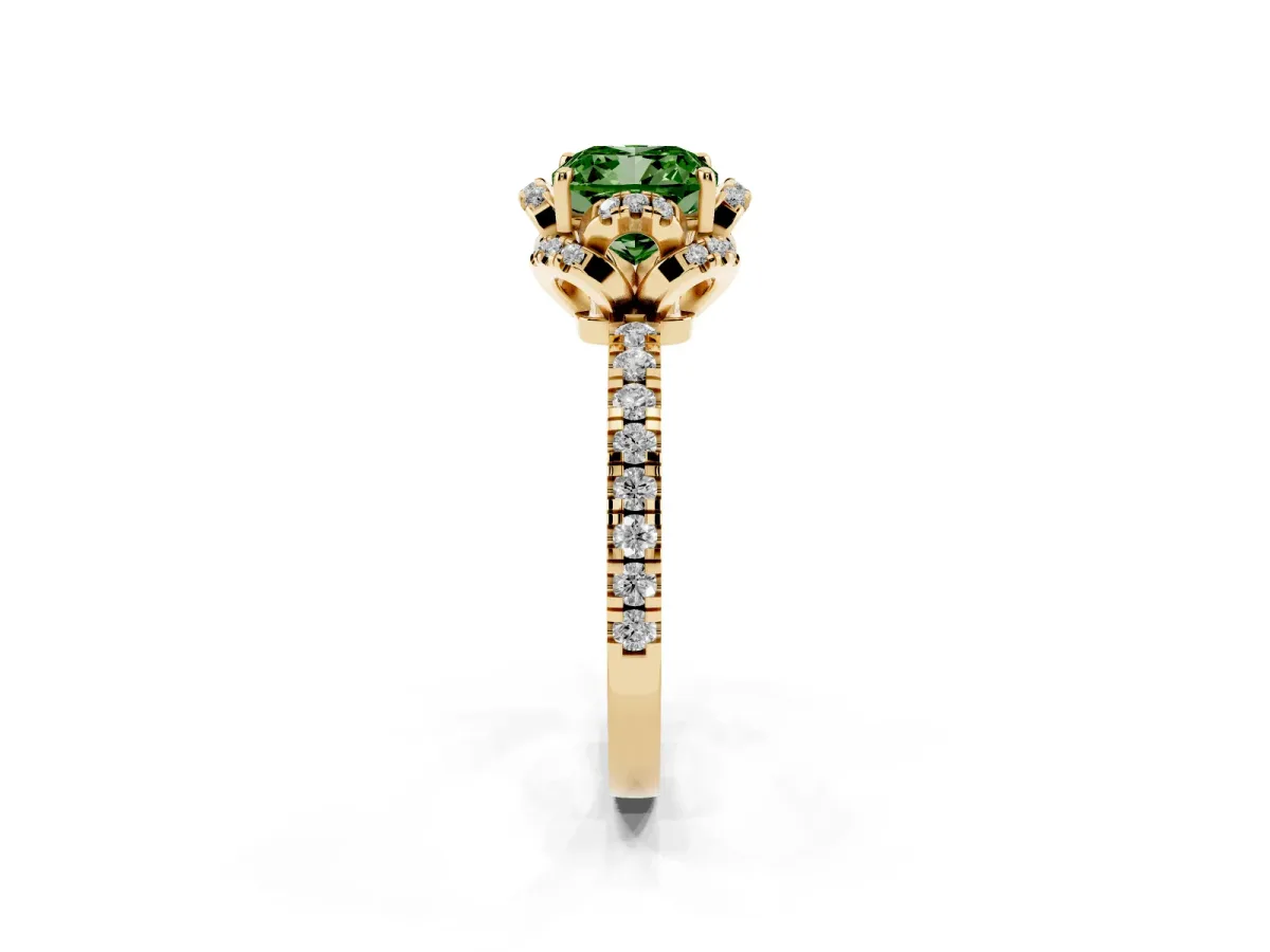 Fancy Green Cushion Cut Diamond Halo Pave Band with Four-Prong Setting Yellow gold