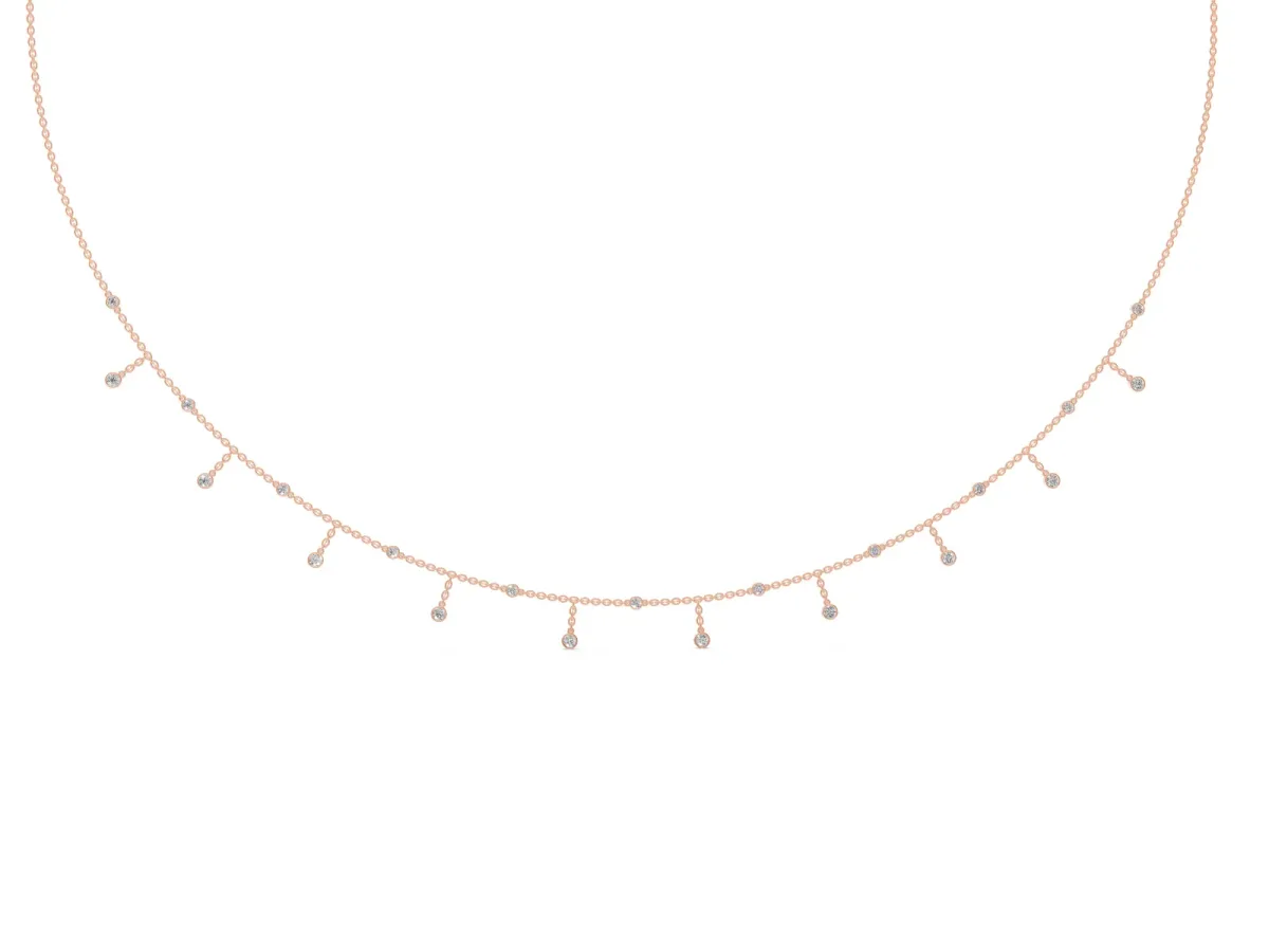 Round Bezel Set Diamond Station Necklace with Cable Chain Rose gold