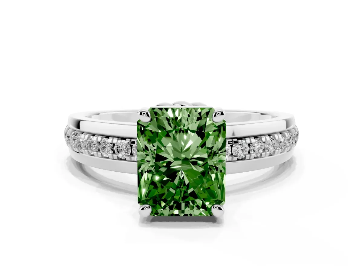 Fancy Green Radiant Cut Solitaire Diamond Ring with Channel Set Band and Six-Prong Setting Silver