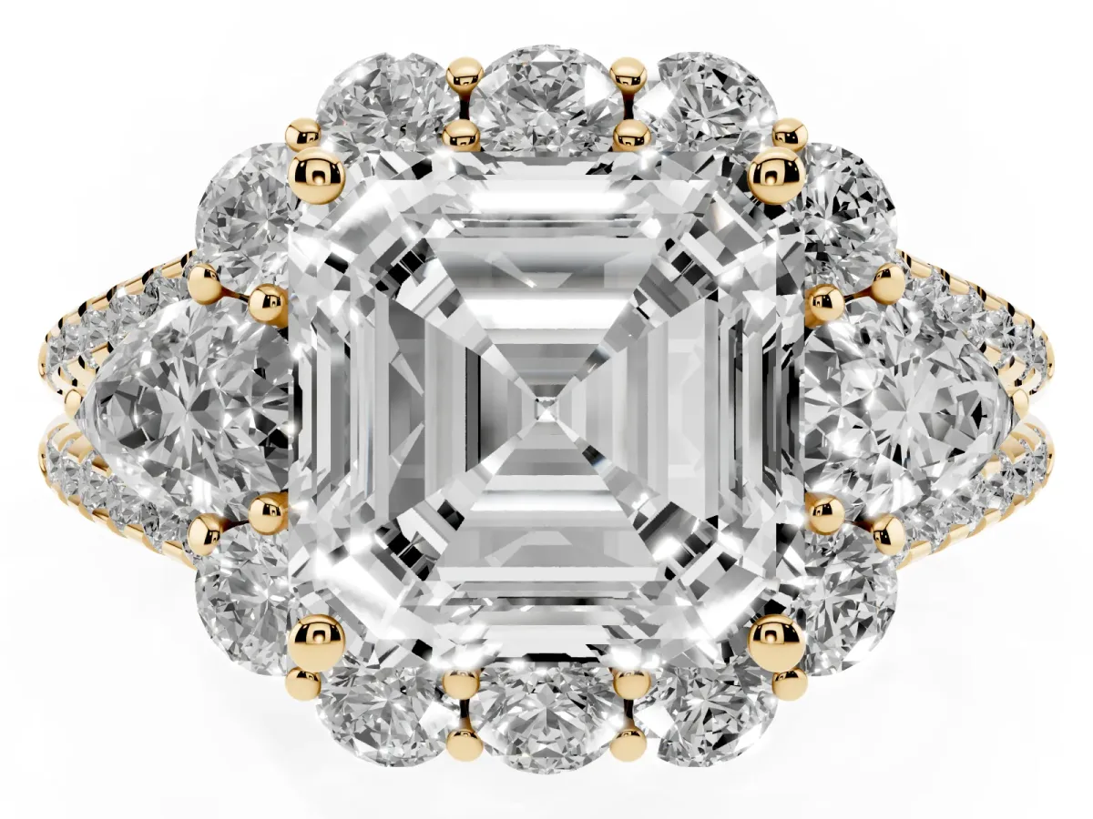 Asscher Cut Halo Split Shank Diamond Engagement Ring with Prong Setting Yellow gold