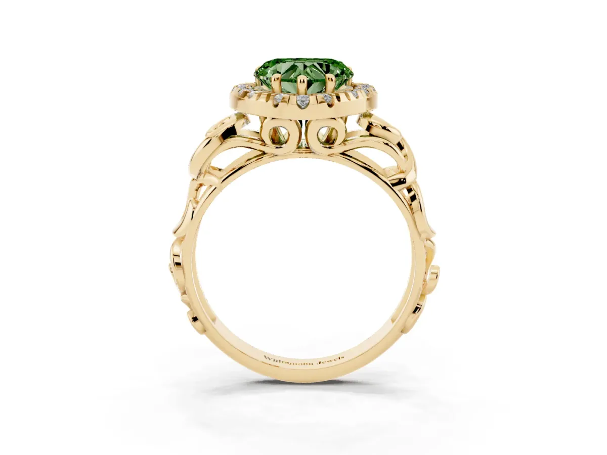 Fancy Green Heart Cut Cut Halo Diamond Ring with Scrollwork Band and Four-Prong Setting Yellow gold