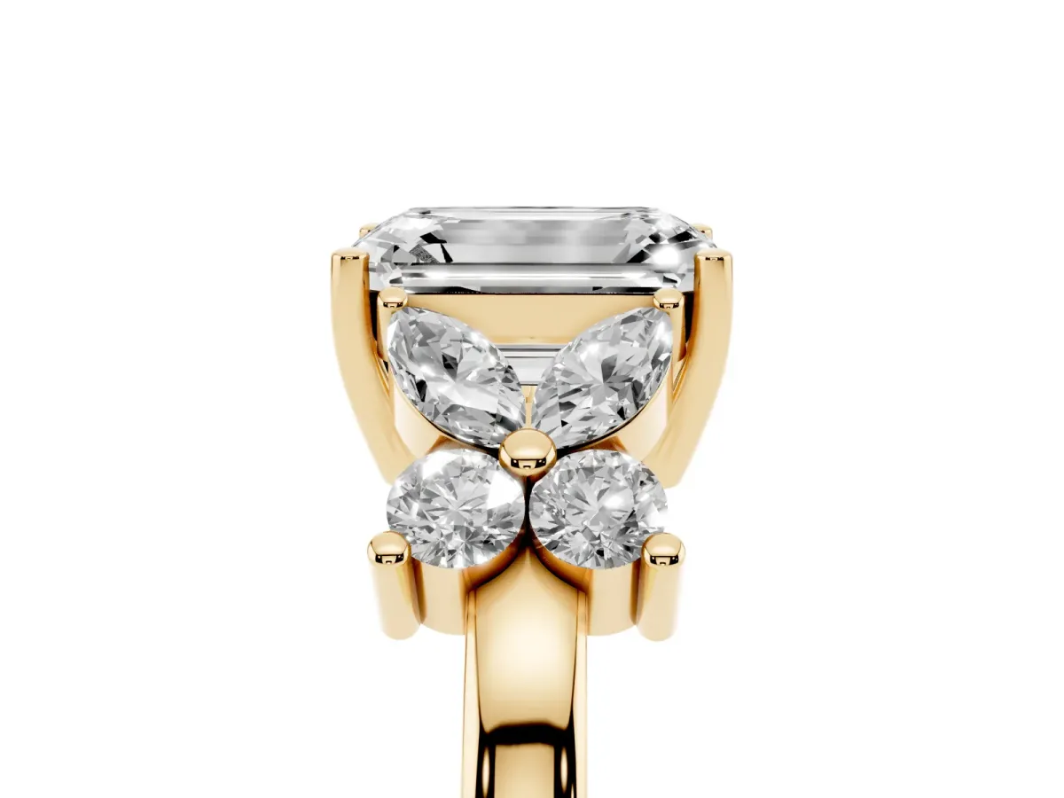 Emerald Cut Diamond Floral Cluster Ring with Solitaire Band and Prong Setting Yellow gold