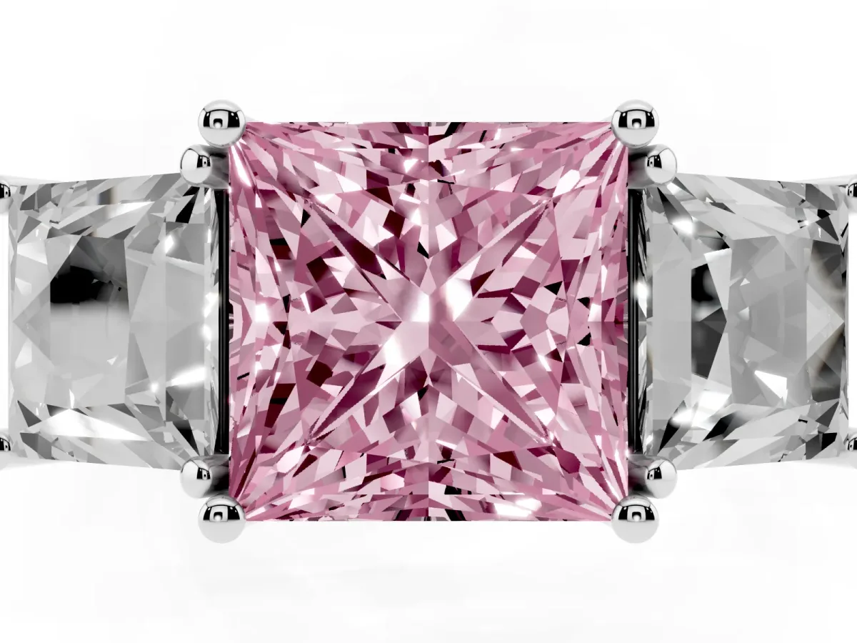 Fancy Pink Three-Stone Princess Cut Diamond Pavé Band with Prong Setting Silver