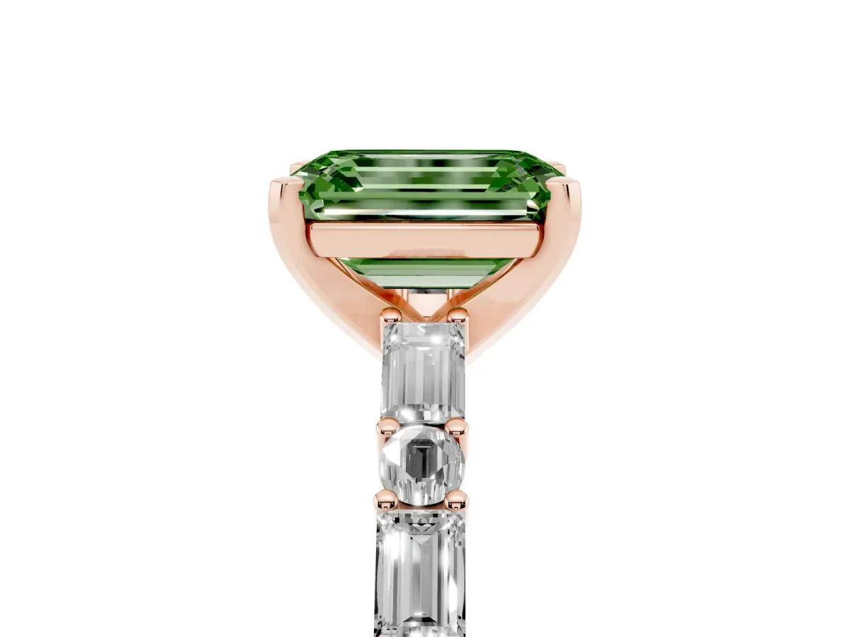 Fancy Green Emerald Cut Diamond Solitaire with Side Baguettes and Channel Set Band Rose gold