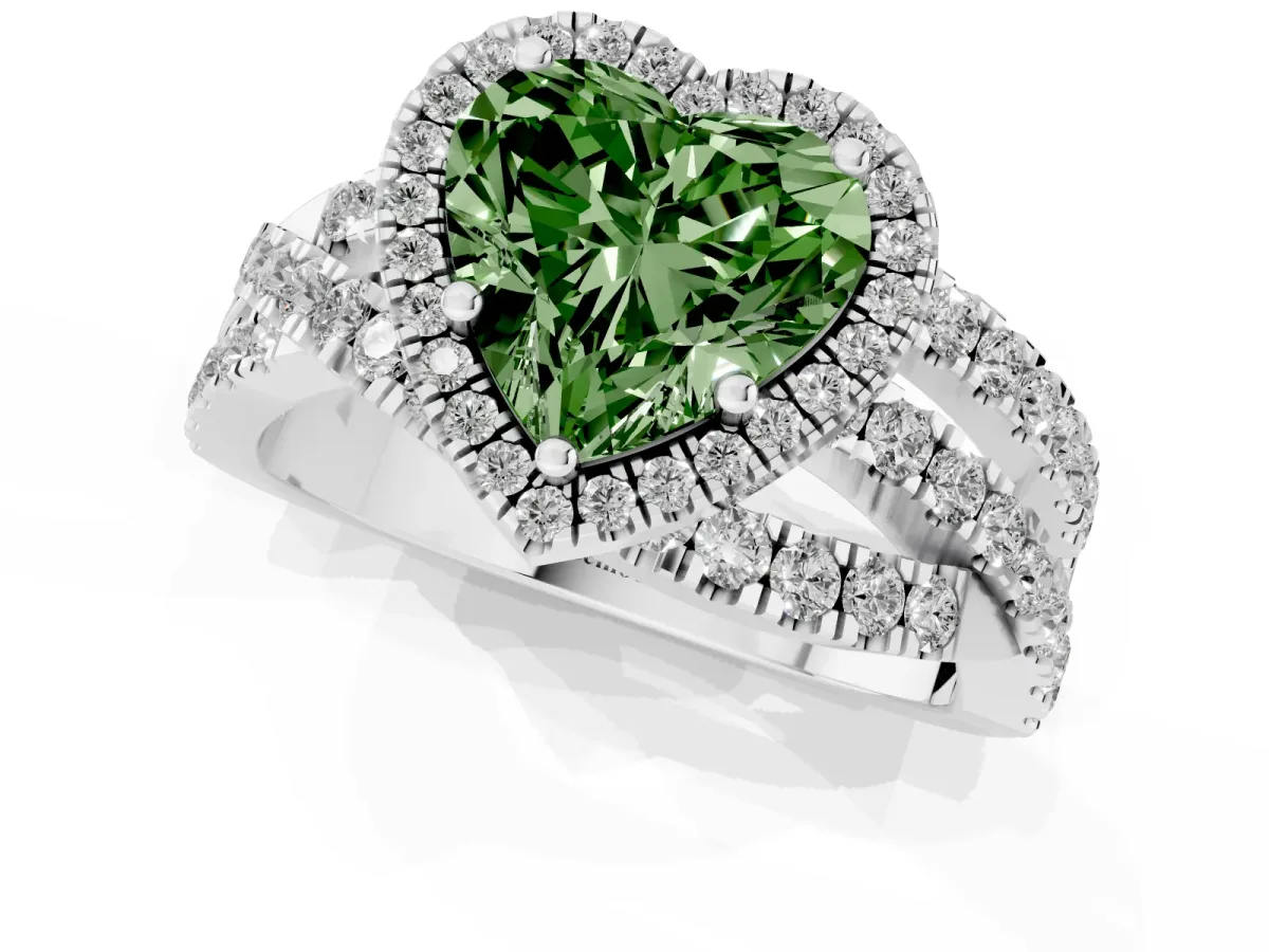 Fancy Green Heart Cut Diamond Halo Ring with Round Split Shank and Prong Setting Silver