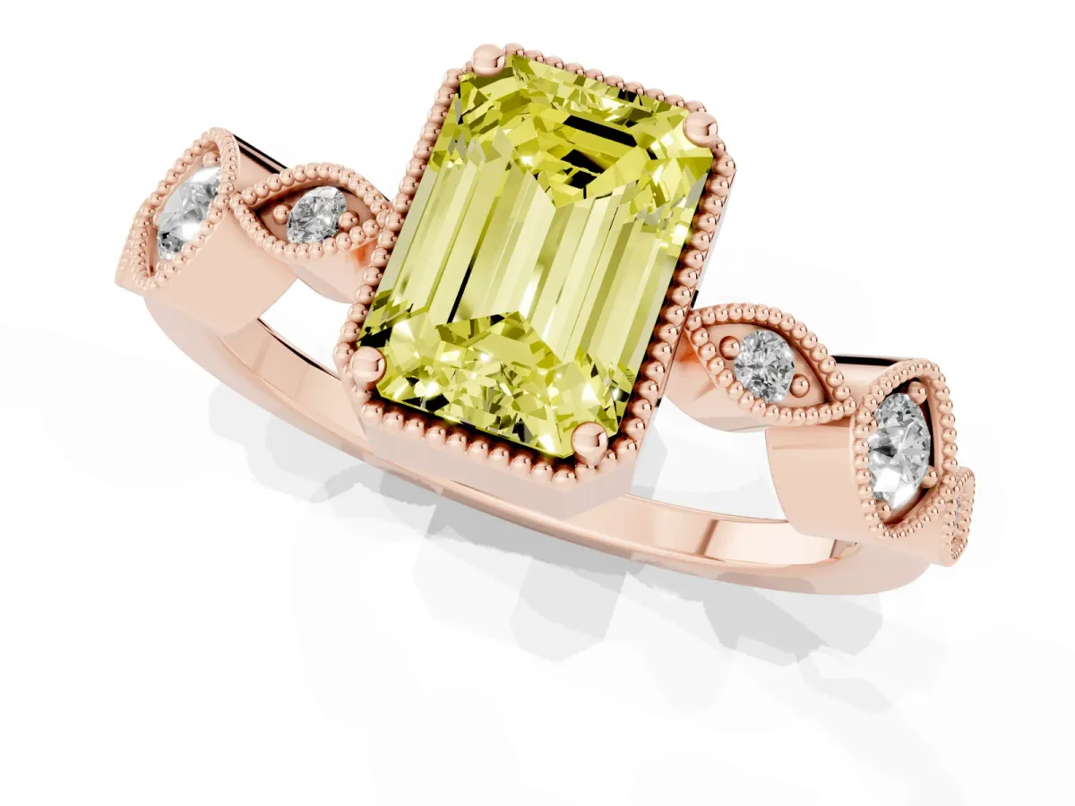 Fancy Yellow Emerald Cut Diamond Vintage Milgrain Ring with Round Stations Rose gold