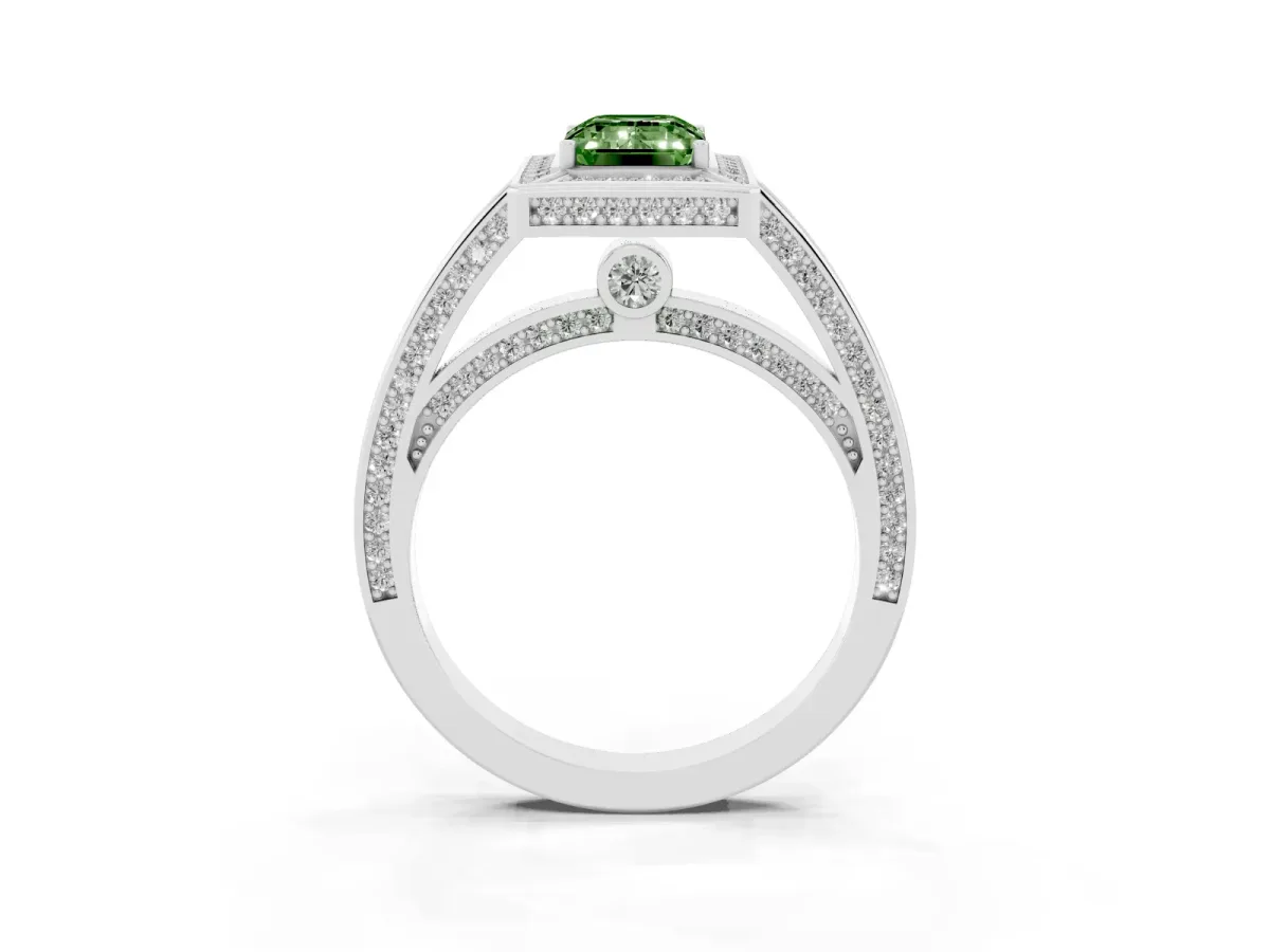 Fancy Green Emerald Cut Cut Halo Pave Split Shank Prong Setting Ring Silver