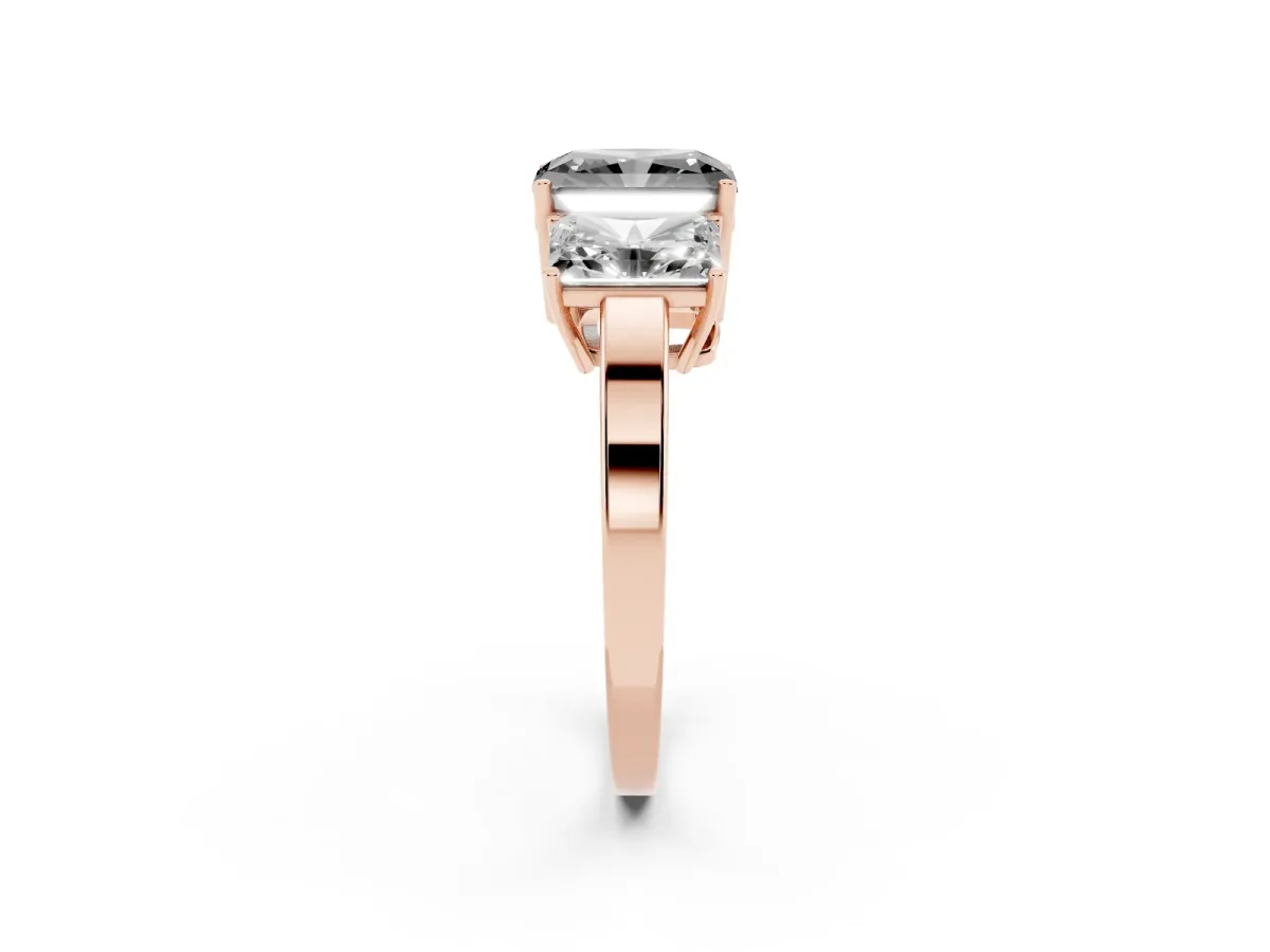 Fancy Black Three-Stone Radiant Cut Cut Diamond Engagement Ring with Flat Band and Four-Prong Setting Rose gold